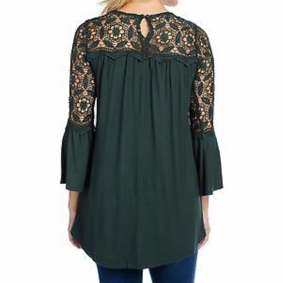 KATE & MALLORY Knit Top Lace Crochet Bodice Bell Sleeve High Low Hem Loose Fit - Picture 2 of 9